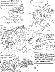 Size: 2417x3136 | Tagged: safe, artist:jamestkelley, derpibooru import, part of a set, pinkie pie, princess celestia, alicorn, pony, comic:princess pinkie's conquest of chaos, spoiler:comic57, alicornified, attack, blast, comic, everfree forest, flying, folded wings, image, jewelry, jpeg, landing, lying down, macro, magic, magic blast, part of a series, princess of chaos, race swap, regalia, speech bubble, spread wings, sticky hand, tied up, traditional art, wiggle, wings