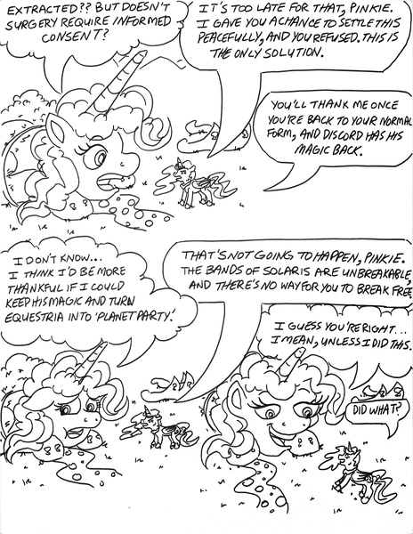 Size: 2362x3052 | Tagged: safe, artist:jamestkelley, derpibooru import, pinkie pie, princess celestia, alicorn, pony, comic:princess pinkie's conquest of chaos, spoiler:comic57, alicornified, cliffhanger, comic, image, jewelry, jpeg, macro, magic, princess of chaos, race swap, regalia, smug, speech bubble, tied up