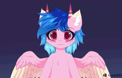 Size: 1128x720 | Tagged: safe, artist:neverend, derpibooru import, animated, blinking, blue mane, cheek fluff, colored ears, colored eartips, colored wings, cute, ear fluff, gif, gradient background, horns, image, live2d, looking at you, open mouth, pink coat, solo, two toned wings, wings