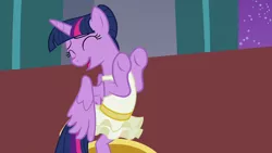 Size: 1280x720 | Tagged: safe, derpibooru import, screencap, twilight sparkle, twilight sparkle (alicorn), alicorn, a royal problem, season 7, ballerina, clothes, cropped, cute, eyes closed, image, open mouth, png, smiling, solo, tutu, twiabetes, twilarina