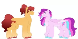 Size: 1280x640 | Tagged: safe, artist:itstechtock, derpibooru import, oc, oc:honey love, oc:taffeta, unofficial characters only, earth pony, pegasus, pony, female, half-siblings, image, jpeg, mare, parent:feather bangs, parent:fond feather, parent:swoon song, simple background, white background