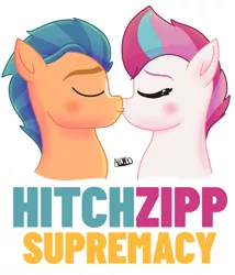 Size: 1239x1447 | Tagged: safe, artist:alonso-bazan, derpibooru import, hitch trailblazer, zipp storm, earth pony, pegasus, pony, blushing, female, g5, hitchzipp, image, kissing, male, png, shipping, simple background, straight, text