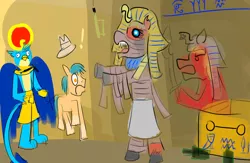 Size: 1280x832 | Tagged: safe, artist:horsesplease, derpibooru import, gallus, hitch trailblazer, bipedal, bottle, clothes, curse, cursed, derp, doodle, drunk, egypt, egyptian, emperor sprout, g5, god, hieroglyphics, horrified, image, jpeg, mummy, pharaoh, ra, robes, sad sprout, sarcophagus, scared, shocked, sprout cloverleaf, tomb, tunic, wtf man