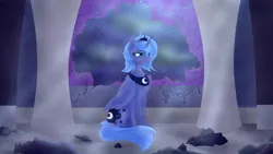 Size: 3840x2160 | Tagged: safe, artist:moonlightrift, derpibooru import, princess luna, alicorn, canterlot castle, debris, depressed, destruction, image, injured, night, png, s1 luna, sad, scratches, solo, throne room