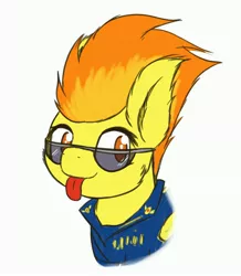 Size: 3579x4096 | Tagged: safe, artist:simplesample, derpibooru import, spitfire, pegasus, pony, :p, clothes, high res, image, jpeg, looking at you, simple background, solo, sunglasses, tongue out, uniform