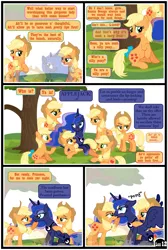 Size: 3255x4838 | Tagged: suggestive, artist:gutovi, derpibooru import, applejack, applejack (g1), princess luna, alicorn, earth pony, pony, comic:why me!?, alternate ending, applejack is not amused, back lick, back licking, bedroom eyes, clone, comic, covering eyes, covering mouth, dream, dream realm, embarrassed, female, g1 reference, generation leap, generational ponidox, grin, hat, horn, image, jackletree, lesbian, lewd, licking, lunajack, lying down, magic, multeity, on floor, png, pony pile, prone, self ponidox, shipping, show accurate, silly, silly pony, smiling, smug, smugjack, spread wings, tongue out, tree, unamused, who's a silly pony, wingboner, wings