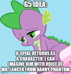 Size: 500x518 | Tagged: episode needed, safe, derpibooru import, edit, edited screencap, screencap, spike, secret of my excess, danny phantom, g5 idea, idea, image, implied g5, jpeg, meme, sad, text