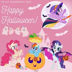 Size: 1080x1080 | Tagged: safe, artist:mylittleponyjpn, derpibooru import, official, pinkie pie, rainbow dash, rarity, twilight sparkle, twilight sparkle (alicorn), alicorn, bat, earth pony, ghost, pegasus, pony, undead, unicorn, clothes, costume, halloween, halloween costume, holiday, image, jack-o-lantern, jpeg, mummy costume, pumpkin, vampire costume, witch costume