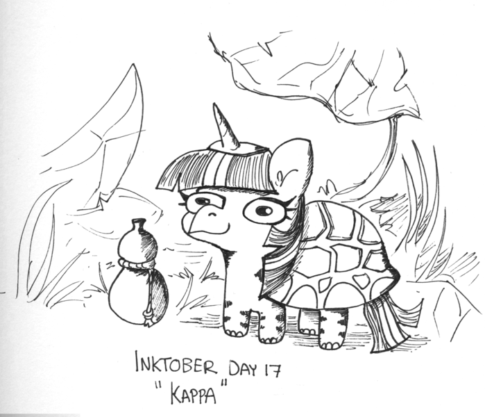 Size: 2086x1791 | Tagged: safe, artist:tjpones, derpibooru import, twilight sparkle, original species, youkai, black and white, female, grayscale, image, inktober, inktober 2021, kappa, monochrome, png, solo, species swap, traditional art, twiggie