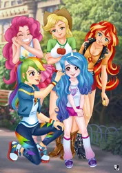 Size: 1000x1414 | Tagged: safe, artist:lord--opal, derpibooru import, applejack, izzy moonbow, pinkie pie, rainbow dash, sunset shimmer, equestria girls, my little pony: a new generation, bracelet, breasts, busty applejack, cleavage, clothes, equestria girls-ified, eyes closed, g5, g5 to equestria girls, human coloration, image, jewelry, jpeg, open mouth, socks