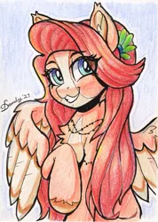 Size: 1463x2055 | Tagged: safe, artist:dandy, derpibooru import, oc, unofficial characters only, pegasus, pony, colored pencil drawing, female, flower, flower in hair, image, jewelry, looking at you, necklace, png, request, smiling, solo, traditional art, unshorn fetlocks, wings