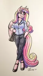 Size: 968x1707 | Tagged: safe, artist:dandy, derpibooru import, princess cadance, anthro, unguligrade anthro, breasts, business suit, clothes, colored pencil drawing, female, hand in pocket, image, pants, png, purse, request, shirt, shoes, solo, traditional art