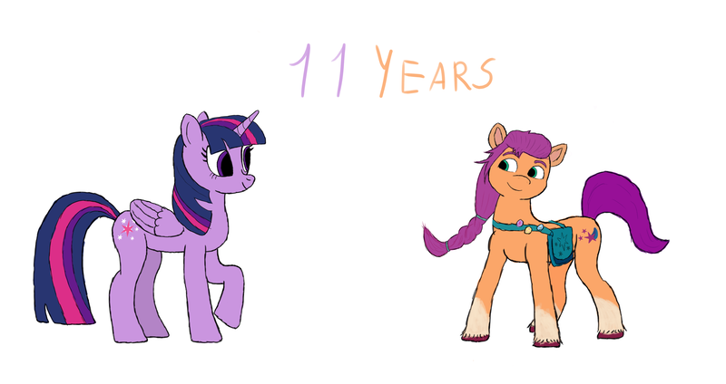 Size: 3400x1800 | Tagged: safe, artist:ursamanner, derpibooru import, sunny starscout, twilight sparkle, twilight sparkle (alicorn), alicorn, earth pony, pony, my little pony: a new generation, duo, g5, happy, high res, image, looking at each other, mlp fim's eleventh anniversary, png, simple background, smiling, sunny and her heroine, white background