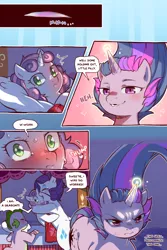 Size: 960x1440 | Tagged: safe, artist:cold-blooded-twilight, derpibooru import, rarity, spike, sweetie belle, twilight sparkle, unicorn, cold blooded twilight, comic:cold storm, bags under eyes, bed, blushing, closed mouth, comic, dialogue, eyepatch, eyeshadow, female, frown, glow, glowing horn, horn, hug, image, magic, makeup, open mouth, pillow, png, raised tail, siblings, sisters, smiling, sparkles, speech bubble, tail, wide eyes