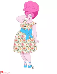 Size: 1275x1650 | Tagged: safe, artist:m-a-v-e-r-i-c-k, derpibooru import, pinkie pie, equestria girls, 50s, alternate hairstyle, arm behind head, clothes, dress, female, high heels, housewife, image, lipstick, one eye closed, patreon, patreon logo, png, shoes, simple background, smiling, solo, white background, wink