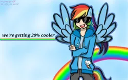 Size: 1280x800 | Tagged: safe, artist:nichandesu, derpibooru import, rainbow dash, human, 2015, 20% cooler, clothes, cutie mark, cutie mark on clothes, female, grin, hoodie, humanized, image, png, rainbow, smiling, solo, winged humanization, wings