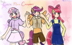 Size: 1280x800 | Tagged: safe, artist:nichandesu, derpibooru import, apple bloom, scootaloo, sweetie belle, human, 2015, abstract background, clothes, cutie mark crusaders, :d, eared humanization, female, grin, horn, horned humanization, humanized, image, one eye closed, open mouth, open smile, overalls, png, shorts, skirt, smiling, vest, winged humanization, wings, wink