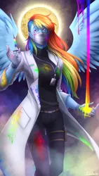 Size: 2160x3840 | Tagged: safe, artist:jadekettu, derpibooru import, part of a set, rainbow dash, human, fanfic:rainbow factory, clothes, fanfic art, female, high res, humanized, image, jpeg, lab coat, pants, pony coloring, rainbow factory dash, solo, winged humanization, wings