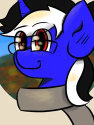 Size: 600x800 | Tagged: safe, artist:tranzmuteproductions, derpibooru import, oc, unofficial characters only, pony, unicorn, bust, clothes, commission, glasses, horn, image, male, png, scarf, smiling, solo, stallion, unicorn oc, ych result