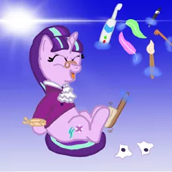 Size: 1080x1080 | Tagged: safe, artist:princessdestiny200i, derpibooru import, snowfall frost, starlight glimmer, pony, unicorn, back scratcher, bondage, clothes, electric toothbrush, eyes closed, feather, female, fetish, glasses, hoof fetish, hoof tickling, image, mare, pen, png, rope, rope bondage, shirt, solo, spats, suit, tickle torture, tickling