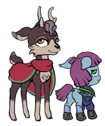 Size: 640x768 | Tagged: safe, artist:multiverseequine, derpibooru import, oc, oc:crescent moon, oc:enoki, unofficial characters only, bat pony, deer, pony, antlers, bag, bat pony oc, bat wings, butt, cloak, clothes, colt, deer oc, derpibooru exclusive, duo, foal, folded wings, image, jacket, male, png, saddle bag, shoes, simple background, socks, stag, tail, tail wrap, transparent background, wings