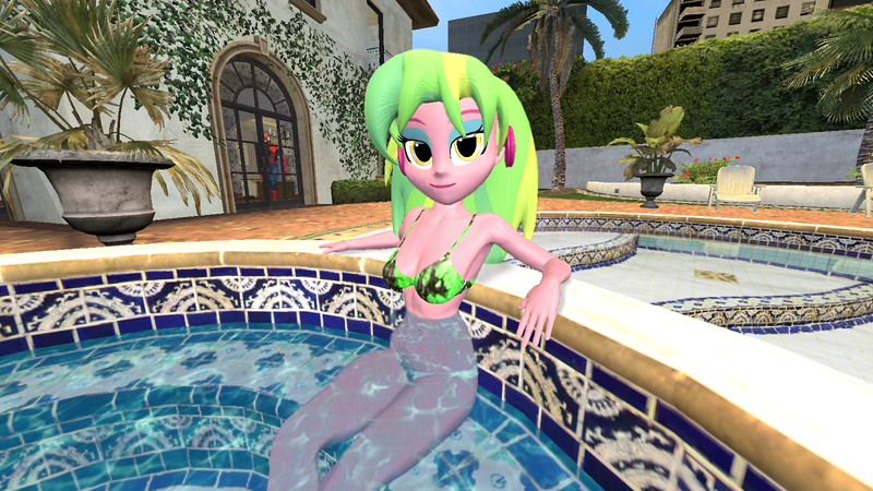 Size: 1600x900 | Tagged: suggestive, derpibooru import, lemon zest, human, equestria girls, 3d, bath, bikini, clothes, gmod, image, marvel, png, sexy, shadowbolts, solo, spider-man, swimming pool, swimsuit