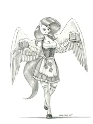 Size: 1000x1330 | Tagged: safe, artist:baron engel, derpibooru import, fluttershy, anthro, pegasus, pony, unguligrade anthro, alcohol, beer, breasts, busty fluttershy, cleavage, clothes, female, image, jpeg, mare, monochrome, oktoberfest, pencil drawing, socks, solo, stockings, thigh highs, traditional art
