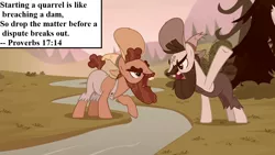 Size: 1280x720 | Tagged: safe, derpibooru import, edit, edited screencap, screencap, grub hooffield, piles mccolt, the hooffields and mccolts, argument, bible, book of proverbs, hat, hooffield family, image, inset, mccolt family, png, river, text, tree