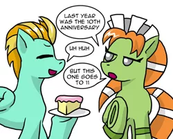 Size: 966x774 | Tagged: safe, artist:adenyne, derpibooru import, lightning dust, oc, oc:mary annette, earth pony, pegasus, pony, cake, derpibooru exclusive, female, food, image, jpeg, mare, mlp fim's eleventh anniversary, this is spinal tap