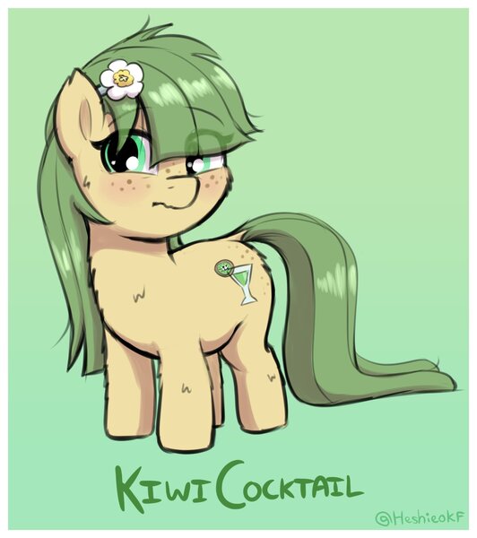 Size: 1482x1672 | Tagged: safe, artist:heretichesh, derpibooru import, oc, oc:kiwi cocktail, unofficial characters only, earth pony, pony, blushing, eye clipping through hair, female, filly, flower, flower in hair, fluffy, freckles, gradient background, image, jpeg