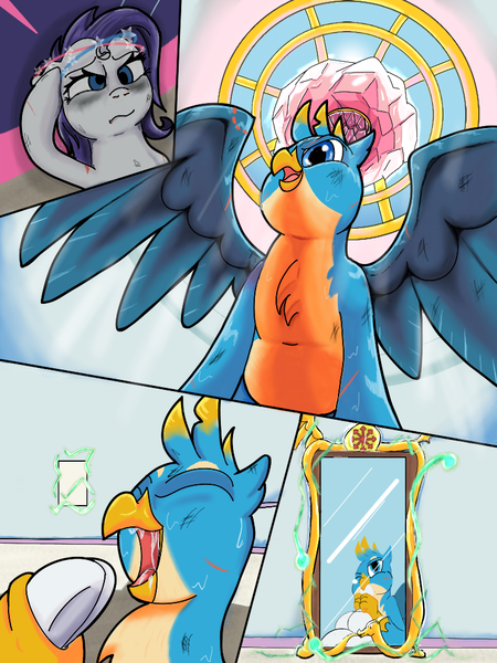 Size: 768x1024 | Tagged: questionable, artist:mrleft, derpibooru import, gallus, rarity, gryphon, pony, unicorn, series:school snacks, female, image, mare, png, story in the source, vore