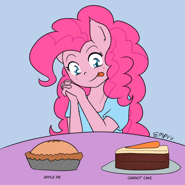 Size: 1000x1000 | Tagged: safe, artist:empyu, derpibooru import, pinkie pie, anthro, 30 minute art challenge, apple, apple pie, cake, carrot cake (food), diet, food, image, pie, png, tongue out