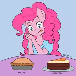Size: 1000x1000 | Tagged: safe, artist:empyu, derpibooru import, pinkie pie, anthro, 30 minute art challenge, apple, apple pie, cake, carrot cake (food), diet, food, image, pie, png, tongue out