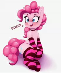 Size: 2297x2764 | Tagged: suggestive, artist:pabbley, derpibooru import, pinkie pie, earth pony, pony, blushing, choker, clothes, female, image, jpeg, mare, simple background, sitting, socks, solo, solo female, striped socks, white background