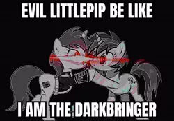 Size: 540x379 | Tagged: safe, artist:ponkus, derpibooru import, edit, oc, oc:homage, oc:littlepip, pony, unicorn, fallout equestria, deep fried meme, duo, duo female, female, image, impact font, jpeg, meme, opposite day, pipbuck, show accurate, stable jumpsuit