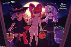 Size: 1125x750 | Tagged: safe, artist:lumineko, derpibooru import, apple bloom, scootaloo, sweetie belle, anthro, earth pony, pegasus, undead, unicorn, :3, clothes, cutie mark crusaders, halloween, holiday, image, jiangshi, jpeg, levitation, magic, mummy, offscreen character, pov, telekinesis, trick or treat, witch