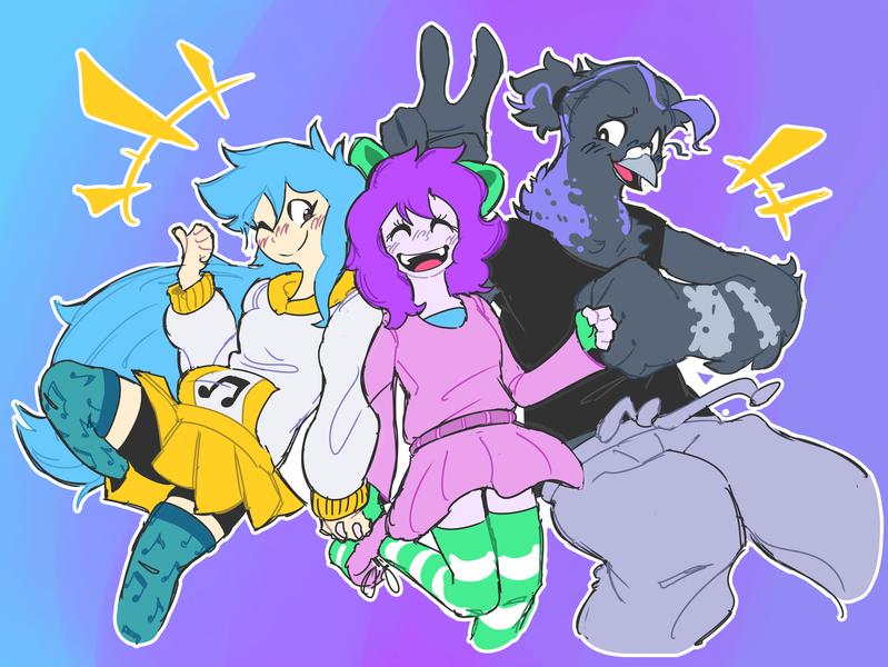 Size: 4000x3004 | Tagged: safe, artist:doodlegamertj, derpibooru import, oc, oc:doodlegamertj, oc:mable syrup, oc:musicallie, unofficial characters only, anthro, avian, bird, human, equestria girls, blue hair, bow, clothes, colored background, dress, family, fist bump, happy, hoodie, humanized, image, music notes, pants, png, purple hair, skirt, socks, striped socks, sweatpants, tanktop