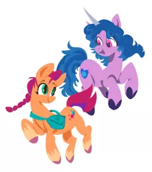 Size: 1133x1280 | Tagged: safe, artist:memaikora, derpibooru import, izzy moonbow, sunny starscout, my little pony: a new generation, duo, female, g5, heart, heart eyes, image, izzyscout, jpeg, lesbian, looking at each other, shipping, simple background, smiling, smiling at each other, wingding eyes