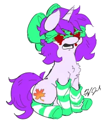 Size: 1378x1656 | Tagged: grimdark, artist:doodlegamertj, derpibooru import, oc, oc:mable syrup, unofficial characters only, pony, unicorn, blind, blindfold, blood, bow, clothes, image, lilith, png, purple hair, simple background, sitting, socks, solo, striped socks, the binding of isaac, transparent background