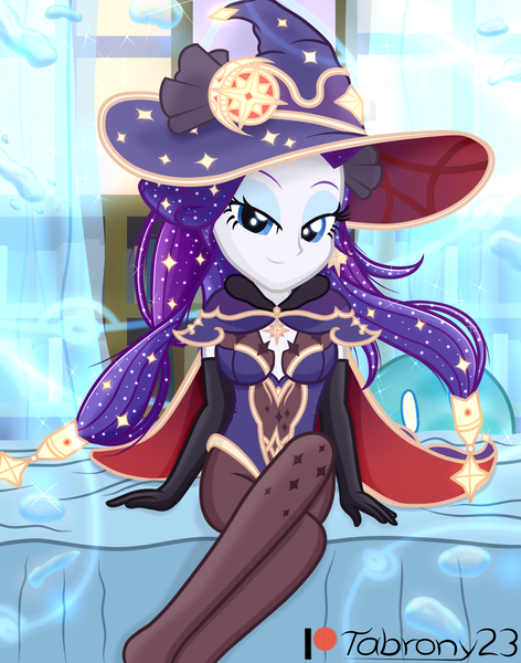 Size: 1075x1366 | Tagged: safe, artist:tabrony23, derpibooru import, rarity, equestria girls, cape, clothes, cosplay, costume, female, genshin impact, gloves, hat, high heels, high res, image, leotard, looking at you, magic, mona (genshin impact), patreon, patreon logo, png, shoes, slimes (genshin impact), solo, solo female, water, witch hat