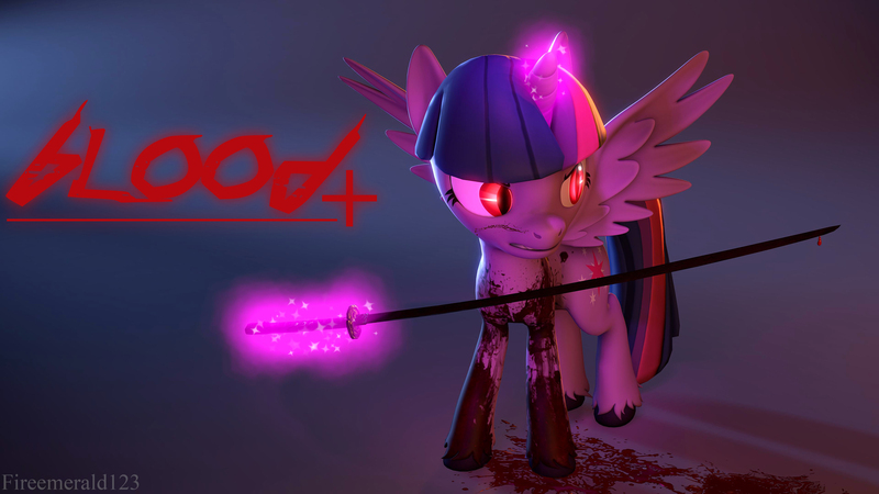 Size: 3840x2160 | Tagged: safe, artist:fireemerald123, derpibooru import, twilight sparkle, twilight sparkle (alicorn), alicorn, 3d, blood, blood+, glow, glowing eyes, image, jpeg, katana, simple background, solo, source filmmaker, sword, watermark, weapon