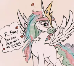 Size: 1280x1153 | Tagged: safe, artist:kqaii, derpibooru import, princess celestia, alicorn, pony, blushing, chest fluff, cute, cutelestia, dialogue, embarrassed, female, floppy ears, frown, glare, heart, image, jpeg, looking at you, mare, neck fluff, simple background, solo, speech bubble, spread wings, stuttering, talking to viewer, tan background, tsundere, wing fluff, wings