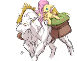 Size: 1186x950 | Tagged: safe, artist:makkah, derpibooru import, bulk biceps, fluttershy, pegasus, pony, bag, colored hooves, female, flutterbulk, image, jpeg, larger male, male, mare, muscles, muscular male, ponies riding ponies, riding, saddle bag, shipping, simple background, smaller female, stallion, straight, white background