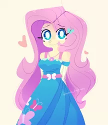 Size: 738x856 | Tagged: safe, artist:ocean_hairuuu, derpibooru import, fluttershy, equestria girls, arm behind back, bare shoulders, clothes, dress, female, heart, image, jpeg, looking at you, simple background, solo, yellow background