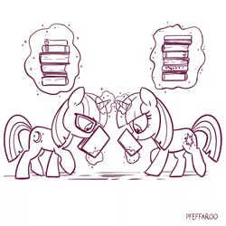 Size: 2048x2048 | Tagged: safe, artist:pfeffaroo, derpibooru import, moondancer, twilight sparkle, pony, unicorn, book, duo, female, filly, filly moondancer, filly twilight sparkle, image, monochrome, png, simple background, this will end in pain, white background, younger