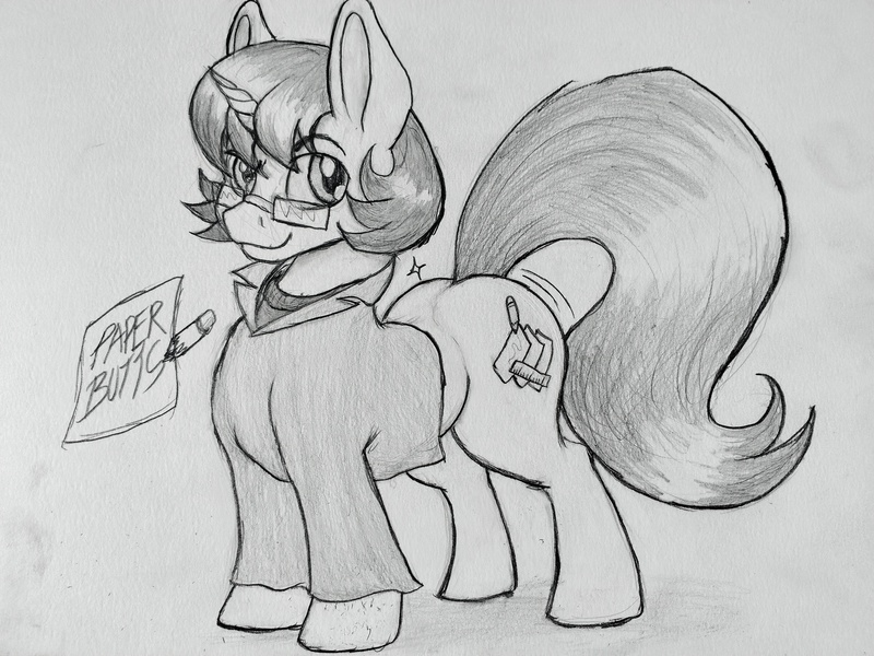 Size: 4160x3120 | Tagged: safe, artist:paper view of butts, artist:reekosukanku, derpibooru import, oc, oc:paper butt, pony, unicorn, curvy, cute, flank, full body, gift art, image, jpeg, looking at you, male, monochrome, pencil drawing, photo, sexy, solo, stallion, thicc ass, thick, traditional art