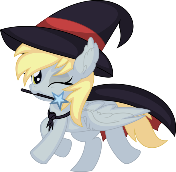 Size: 6643x6478 | Tagged: safe, artist:cyanlightning, derpibooru import, derpy hooves, pegasus, pony, .svg available, absurd resolution, cape, clothes, female, filly, hat, image, looking at you, mouth hold, one eye closed, png, simple background, solo, transparent background, vector, wand, wink, witch hat, younger