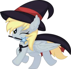 Size: 6643x6478 | Tagged: safe, artist:cyanlightning, derpibooru import, derpy hooves, pegasus, pony, .svg available, absurd resolution, cape, clothes, female, filly, hat, image, looking at you, mouth hold, one eye closed, png, simple background, solo, transparent background, vector, wand, wink, witch hat, younger