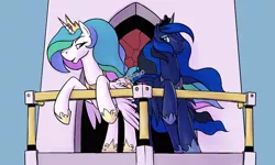 Size: 800x481 | Tagged: safe, artist:chazcatrix, derpibooru import, princess celestia, princess luna, alicorn, pony, balcony, butt bump, duo, female, image, jewelry, mare, png, regalia, royal sisters, siblings, sisters, wings, wings down