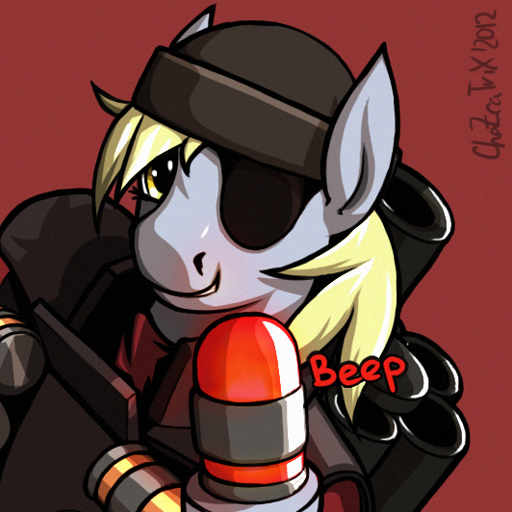 Size: 512x512 | Tagged: safe, artist:chazcatrix, derpibooru import, derpy hooves, pony, armor, beanie, crossover, demoman, eyepatch, grenade, grenade launcher, hat, image, png, simple background, solo, team fortress 2
